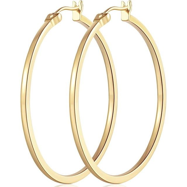 14K Gold Hoop Earrings for Women Large Gold Hoop Earrings Round Square-edge Gold Earrings for Women 14 Karat Gold Hoops Earrings Women’s Hoop Earrings (40mm)