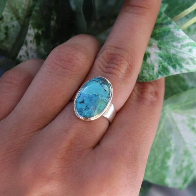 Sterling Silver Turquoise Large Oval Ring Blue Gemstone December Birthstone Ring