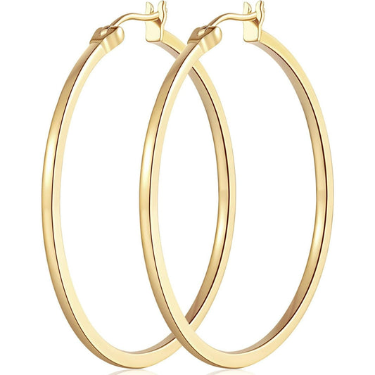 14K Gold Hoop Earrings for Women Large Gold Hoop Earrings Round Square-edge Gold Earrings for Women 14 Karat Gold Hoops Earrings Women’s Hoop Earrings (40mm)