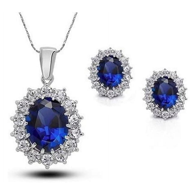 Paris Jewelry Oval Blue Sapphire Necklace, 6 Ct, 18K White Gold, 18 in Cable Gift for Unisex Plated