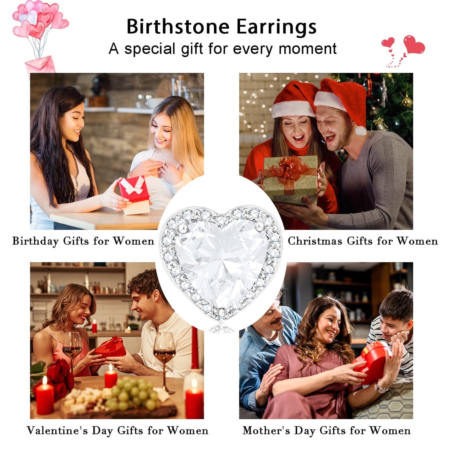 APSVO 18K White Gold Plated Love Heart Stud Earrings for Women CZ S925 Sterling Silver April Birthstone Earrings with Crystal Wedding Graduation Birthday Jewelry Gifts Teen Mom Ideas Age