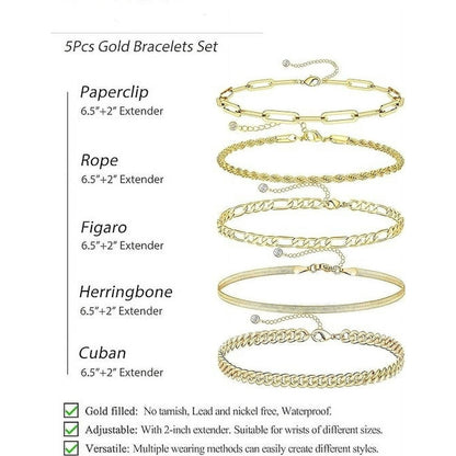 Gold Bracelets for Women, 14K Gold Plated Jewelry Sets for Women Trendy Thin Dainty Stackable Cuban Link Paperclip Chain Bracelet Pack Fashion Accessories Gifts