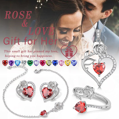 Beautlace Rose Heart Jewelry Set,December Birthstone Rose Flower Heart Necklace/Earrings/Ring/Bracelet Set 925 Sterling Silver Jewelry Birthday Christmas Valentines Mother's Day Gifts for Women Mom