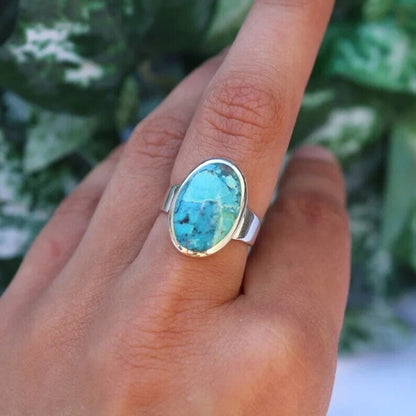 Sterling Silver Turquoise Large Oval Ring Blue Gemstone December Birthstone Ring