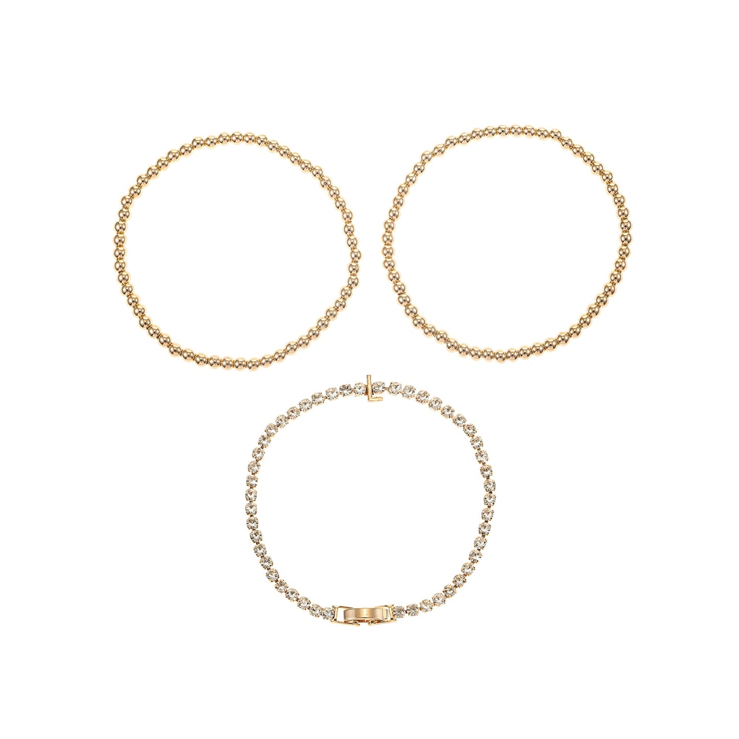 Time and Tru Goldtone and Crystal Beaded Stretch Bracelets, 3 Pieces, Initial Letter A