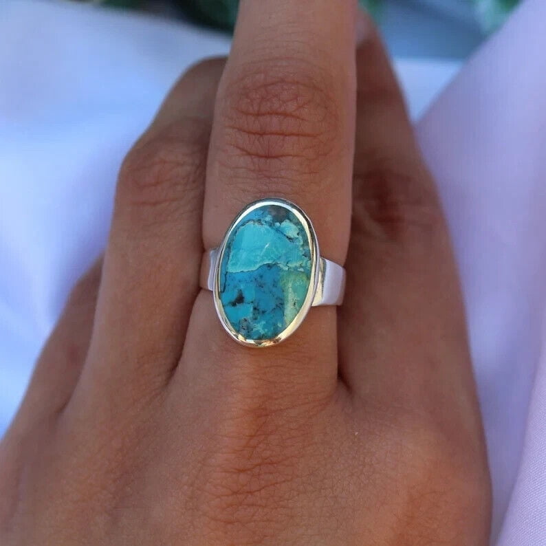 Sterling Silver Turquoise Large Oval Ring Blue Gemstone December Birthstone Ring