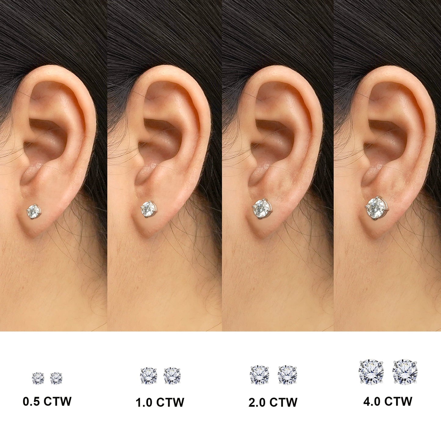 JeenMata 4 Prong 2 Carat Round Shaped Moissanite Solitaire Stud Earrings in 18k White Gold Plating for Women