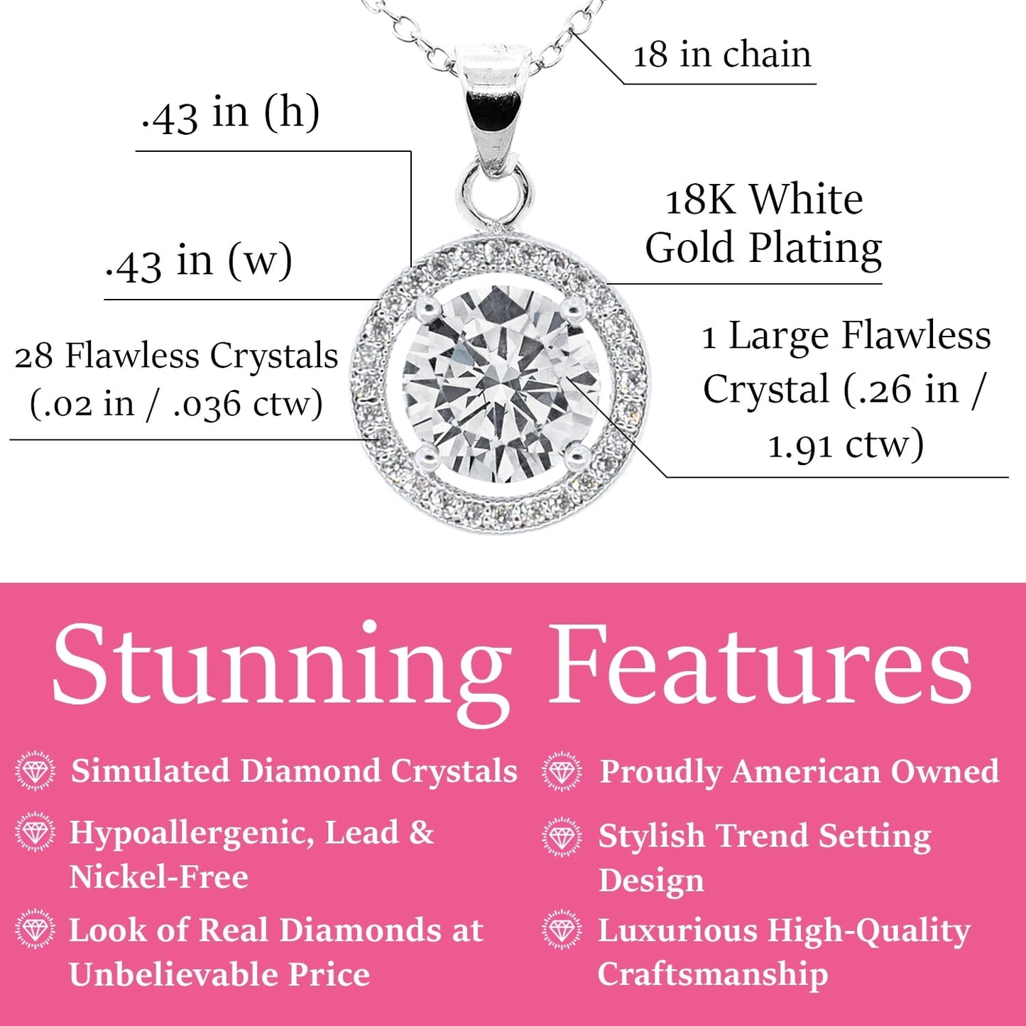 Cate & Chloe Blake 18k White Gold Plated Halo Pendant Necklace with Simulated Crystals for Women