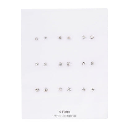 Time and Tru Adult Women's 9 Pair Silver Tone Crystal Stud Metal Earrings Set