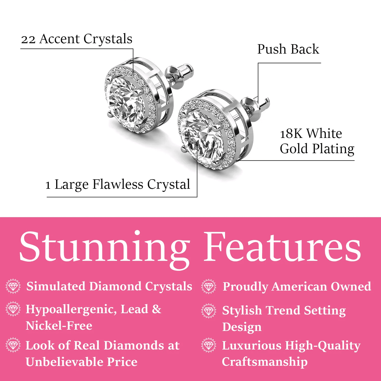 Cate & Chloe Ariel 18k White Gold Plated Halo Stud Earrings with Simulated Diamonds Gift for Women