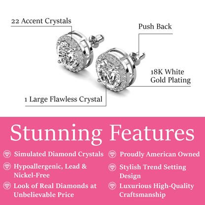 Cate & Chloe Ariel 18k White Gold Plated Halo Stud Earrings with Simulated Diamonds Gift for Women