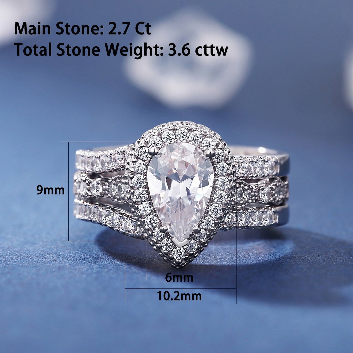 Newshe Jewellery Wedding Rings for Women Bridal Ring Enhancer Engagement Ring 3Ct Pear White Gold 925 Sterling Silver 5A Cz Size 7