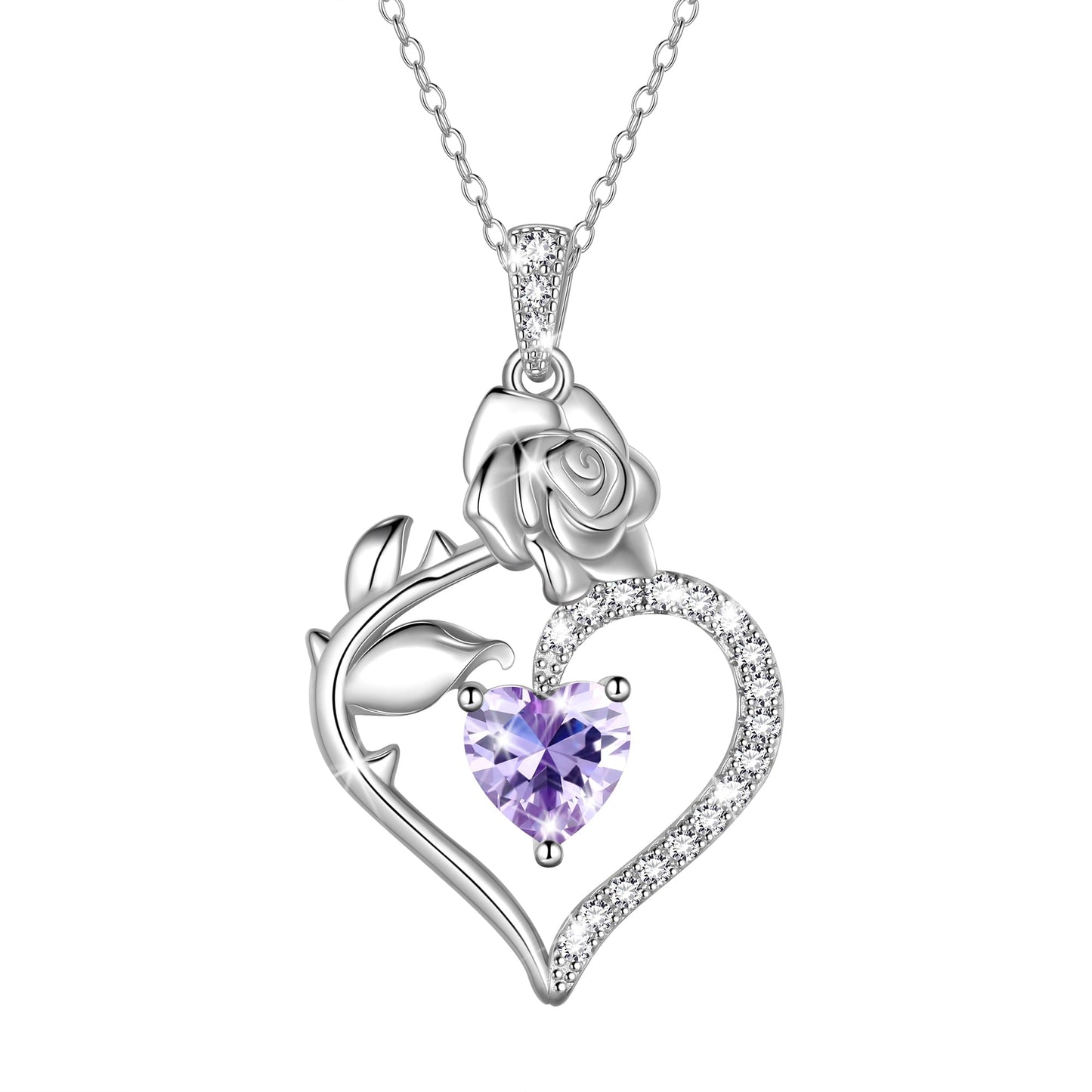 Beautlace 925 Sterling Silver Birthstone Necklace Rose Flower Heart Pendant Jewelry Christmas Valentines Mother's Day Gifts for Women Mom Wife/Lover