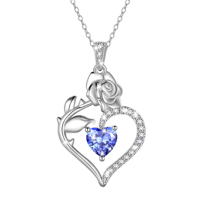 Beautlace 925 Sterling Silver Birthstone Necklace Rose Flower Heart Pendant Jewelry Christmas Valentines Mother's Day Gifts for Women Mom Wife/Lover