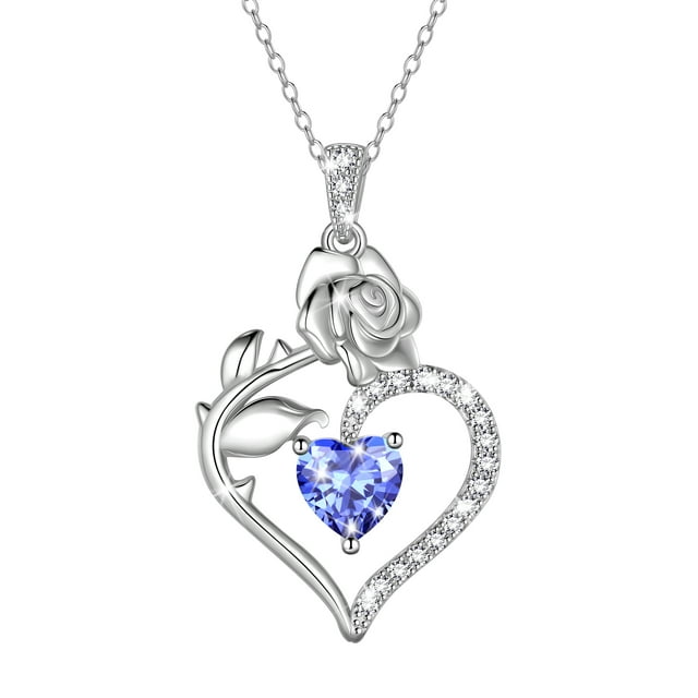 Beautlace 925 Sterling Silver Birthstone Necklace Rose Flower Heart Pendant Jewelry Christmas Valentines Mother's Day Gifts for Women Mom Wife/Lover