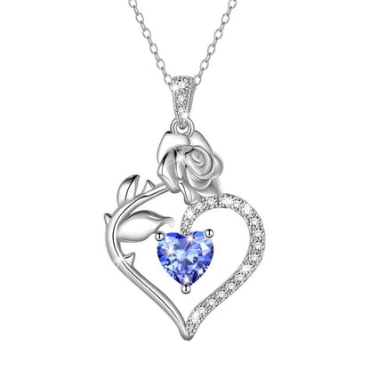 Beautlace 925 Sterling Silver Birthstone Necklace Rose Flower Heart Pendant Jewelry Christmas Valentines Mother's Day Gifts for Women Mom Wife/Lover