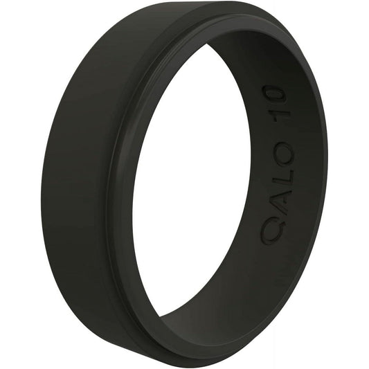QALO Men & Women's Rubber Silicone Ring, Narrow Polished Step Edge Rubber Wedding Band, Breathable, Durable Unisex Engagement Silicone Ring, 6.5mm Wide 2mm Thick, Black, Size 13
