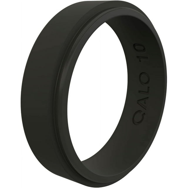 QALO Men & Women's Rubber Silicone Ring, Narrow Polished Step Edge Rubber Wedding Band, Breathable, Durable Unisex Engagement Silicone Ring, 6.5mm Wide 2mm Thick, Black, Size 13