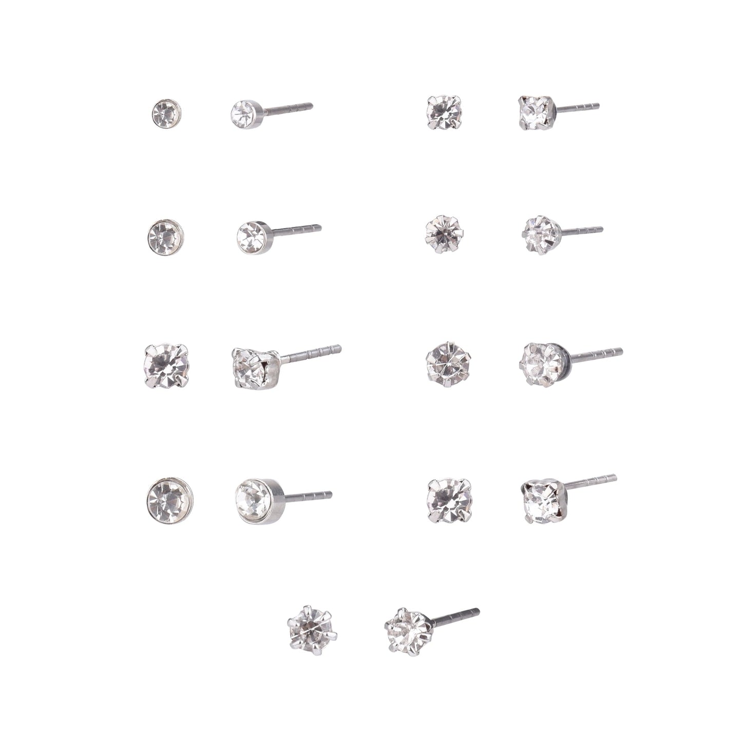 Time and Tru Adult Women's 9 Pair Silver Tone Crystal Stud Metal Earrings Set
