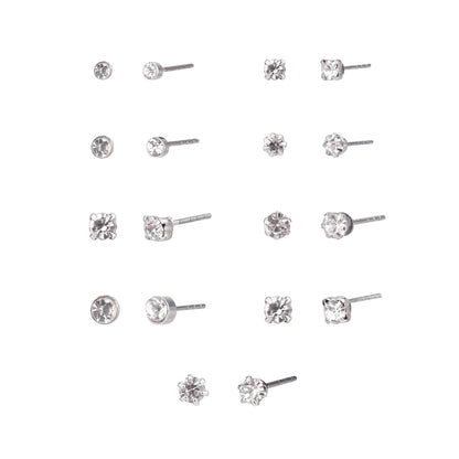 Time and Tru Adult Women's 9 Pair Silver Tone Crystal Stud Metal Earrings Set