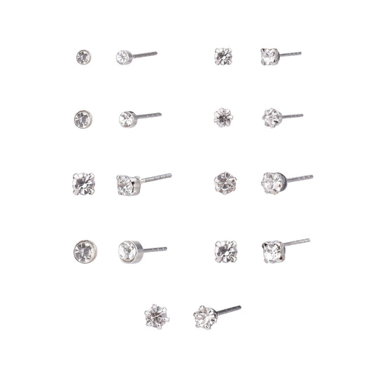 Time and Tru Adult Women's 9 Pair Silver Tone Crystal Stud Metal Earrings Set