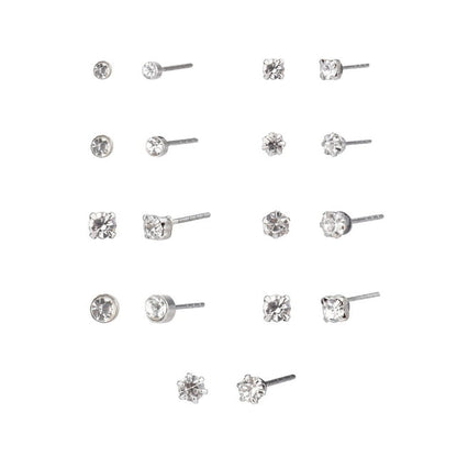 Time and Tru Adult Women's 9 Pair Silver Tone Crystal Stud Metal Earrings Set