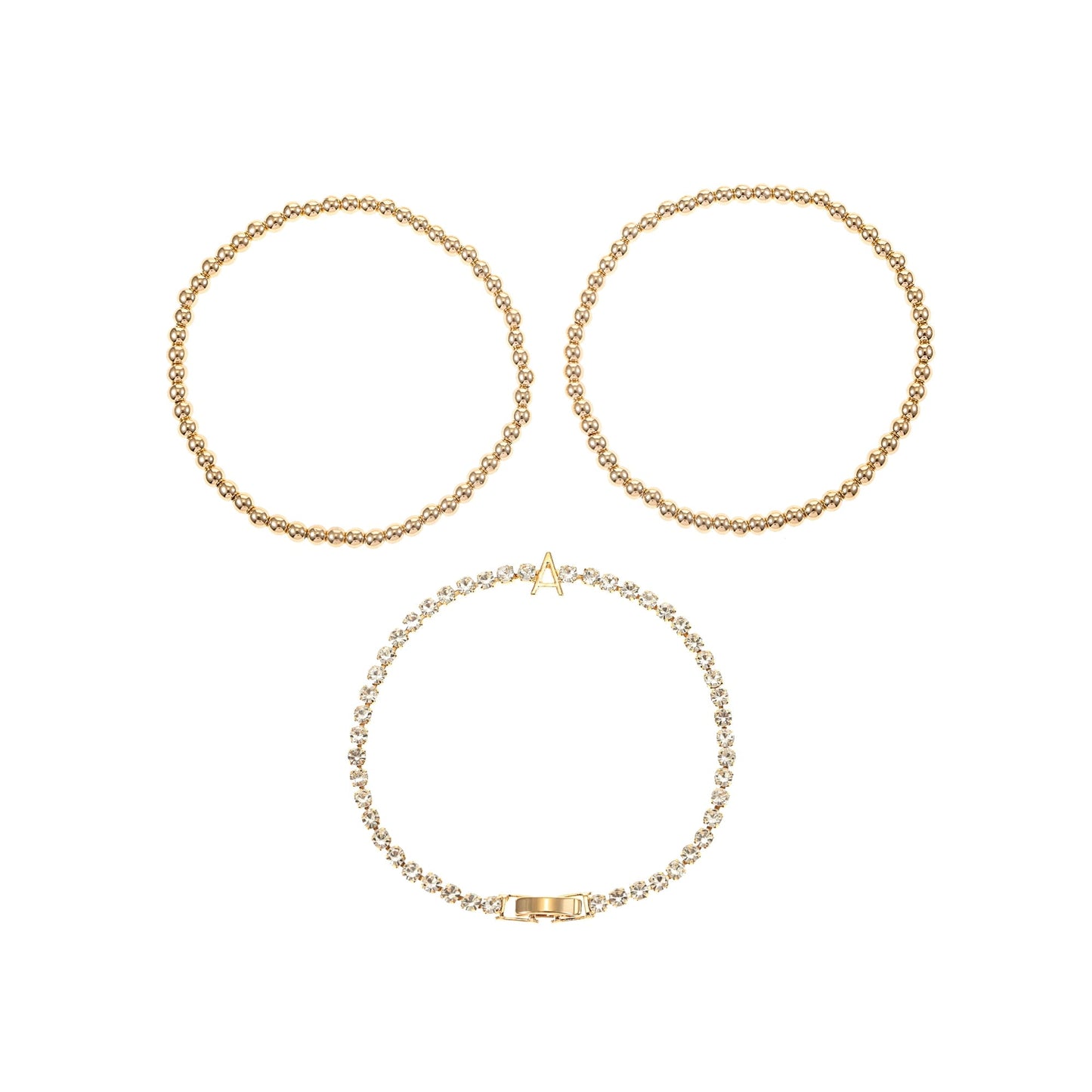Time and Tru Goldtone and Crystal Beaded Stretch Bracelets, 3 Pieces, Initial Letter A