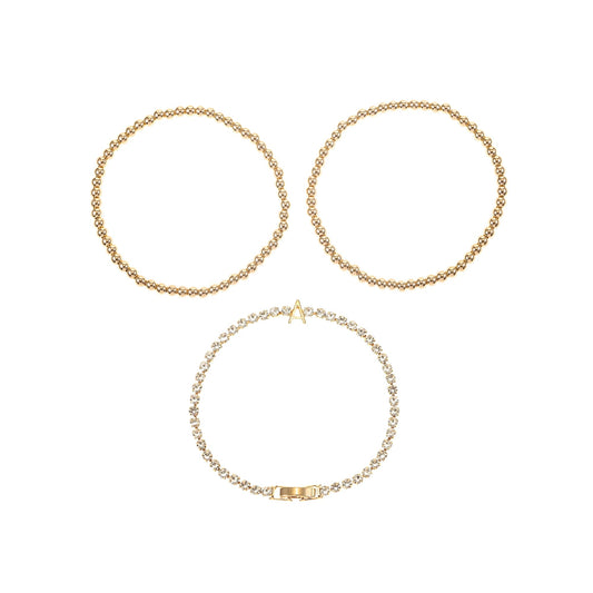 Time and Tru Goldtone and Crystal Beaded Stretch Bracelets, 3 Pieces, Initial Letter A