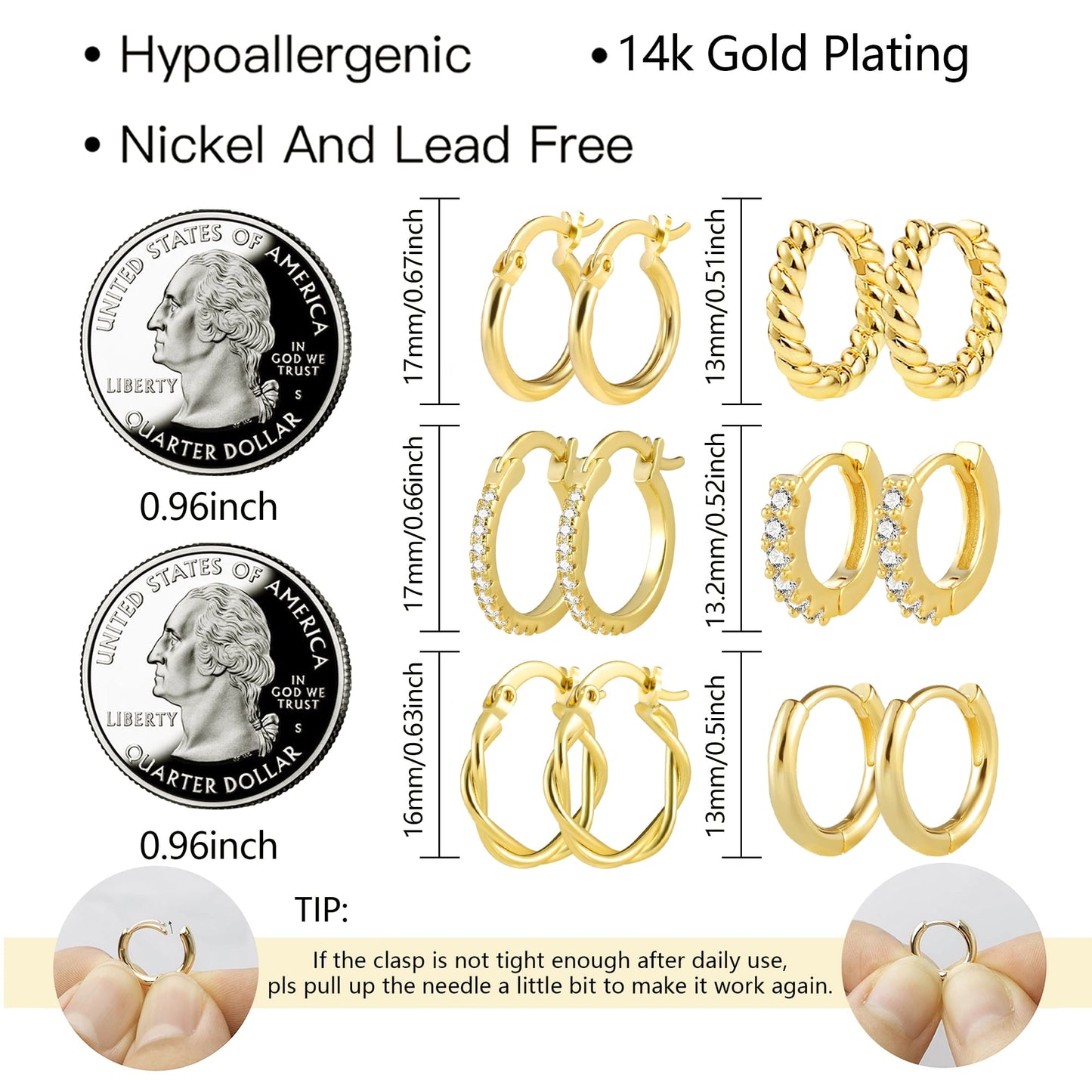 Alexcraft Juego de Aretes Tipo Aro de Oro de 14 Quilates, Hipoalergénicos, 6 Pares