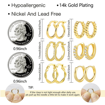 Alexcraft Juego de Aretes Tipo Aro de Oro de 14 Quilates, Hipoalergénicos, 6 Pares