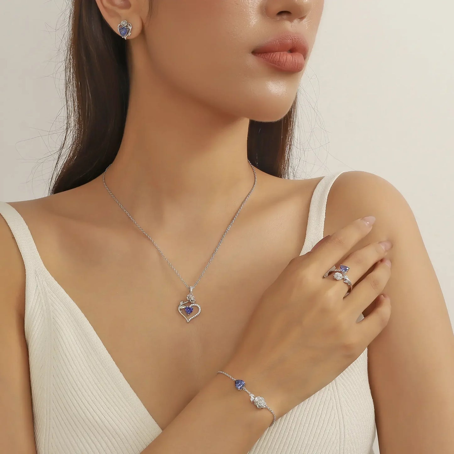 Beautlace Rose Heart Jewelry Set,December Birthstone Rose Flower Heart Necklace/Earrings/Ring/Bracelet Set 925 Sterling Silver Jewelry Birthday Christmas Valentines Mother's Day Gifts for Women Mom