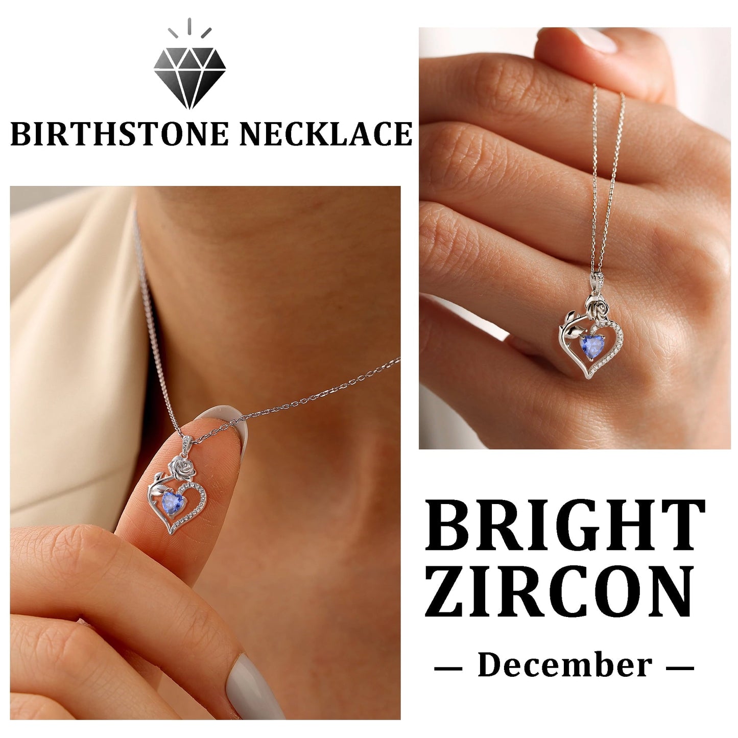 Beautlace 925 Sterling Silver Birthstone Necklace Rose Flower Heart Pendant Jewelry Christmas Valentines Mother's Day Gifts for Women Mom Wife/Lover