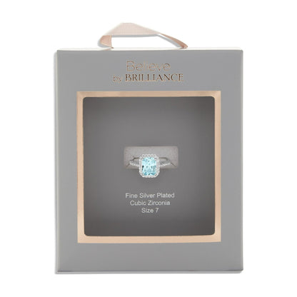 Believe by Brilliance Women's Fine Silver Plated Aquamarine Cubic Zirconia Ring (Size 7)