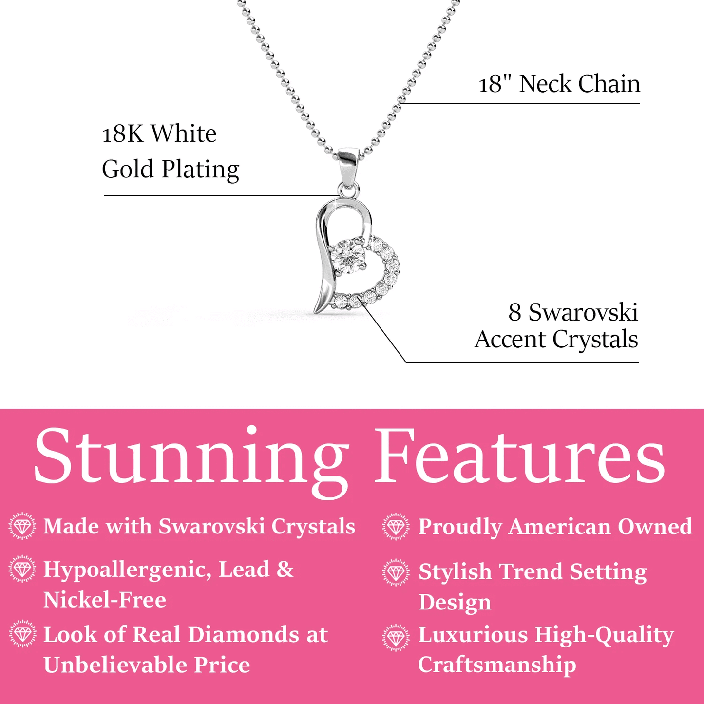 Cate & Chloe Laila 18k White Gold Plated Heart pendant Necklace with Swarovski Crystals for Women