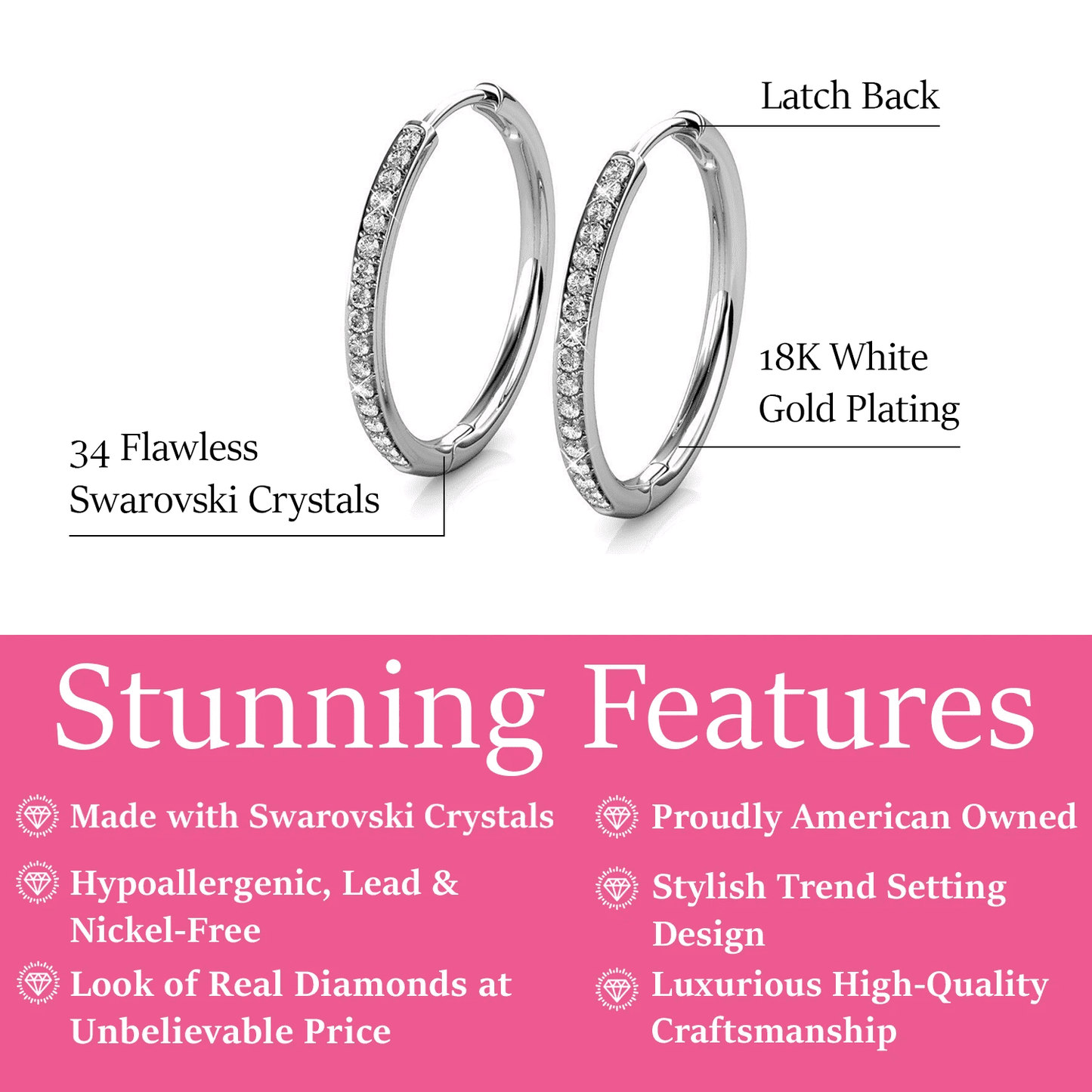 Cate & Chloe Bianca 18k White Gold Plated 25mm Hoop Earrings with Swarovski Crystals for Women